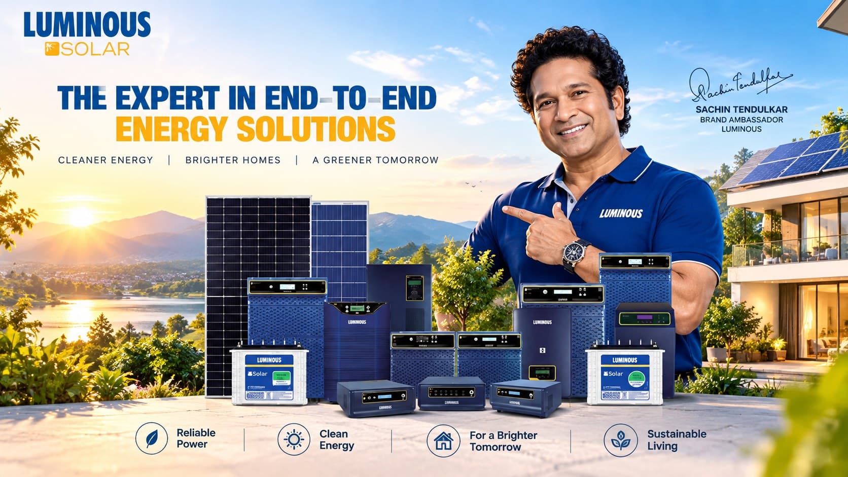 Luminous Solar banner: solar panels, inverters and batteries with Luminous brand ambassador Sachin Tendulkar beside a solar-powered home